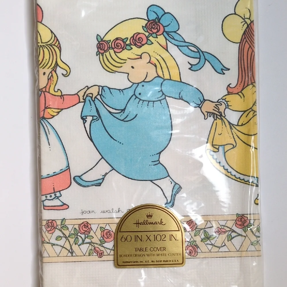 Vintage 1969 Hallmark Floral Dancing Friends Party Tablecloth Joan Walsh Angulnd